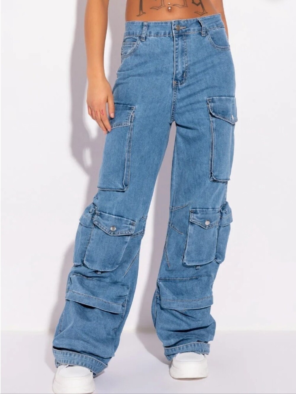 AKIRA Multi Pocket Denim Cargo Jeans Wide Leg Light Wash Utility Y2K Gorpcore 13